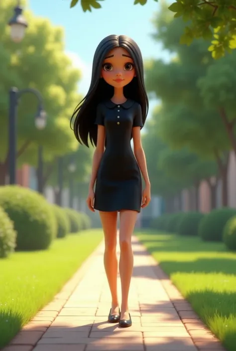  3D Disney Pixar skinny young lady.  short stature.  black hair.  straight hair without waves .  black dress. black shoe. full body perspective.  in an open lawn environment , sidewalk and trees .