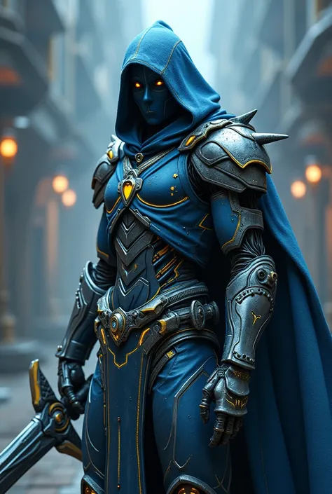 Dark spell caster, Cyber tech legend exoskeleton compact armor and wide broadsword schematic, intricate super detail, blue, grey and yellow color grading, epic pose. 