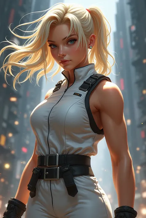 A girl with blonde hair wearing a white combat uniform, Tekken 8 style, full body, realistic anime style.