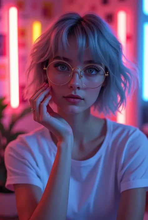 pretty young girl, cute, 21 years old, short gray colored hair, cat eye (eyeliner), golden glasses, round glasses, blured background, cute and sexy, pefect tits, white t-shirt, gray colored hair, perfect hands, ultra realistic, european girl, colorful neon...