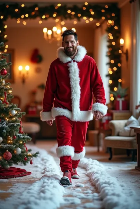 Here’s a creative description based on your idea:

Lionel Messi, dressed in a full Santa Claus outfit, walks through a cozy house, leaving playful footprints in the soft snow that’s scattered across the floor. His cheerful smile contrasts with the winter c...