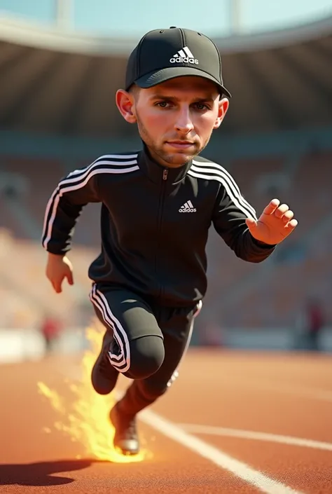 This model should retain the same face but be in a cartoon style. Hes running through a stadium in his black adidas tracksuit with white stripes and adidas ball cap. Flames coming from his feet as he runs so fast