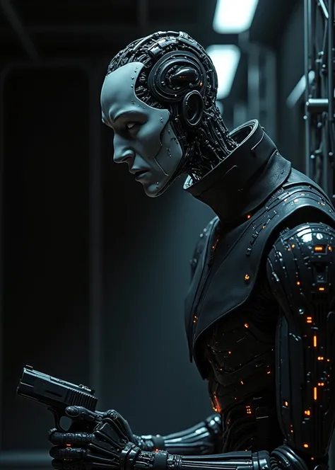 humanoid robot, (real human black suit), fierce and cold face, ((gun)), 1man, (((half-human-face-and-half-robot-face man))), (being trapped in a neon simple outlined cage in the foreground), , dark background, intricate circuits, medium shot:0.5, strong ba...