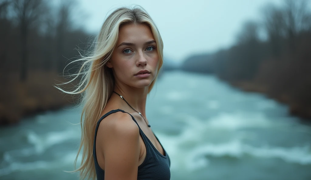 A 20-year-old slim blonde woman stands on a bridge overlooking a flowing river, the wind gently tousling her hair. Her expression is pensive but resolute. The camera uses a medium shot, focusing on her profile and the flowing water below. The palette empha...