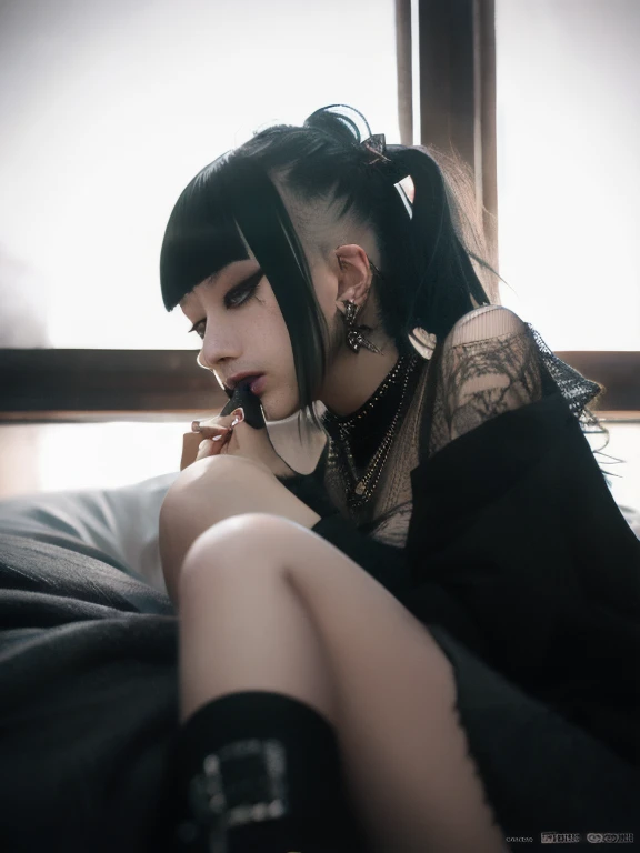    bed、  DIESEL PUNK     ,      Atmospheric volumetric fog     , masterpiece,      illustrations,  top quality , 8k,      high res  ,      wallpaper,      Cinematic Lighting ,     1 Japanese woman    、   Beauty 、    gothic makeup    、 Big Breasts 、   close...