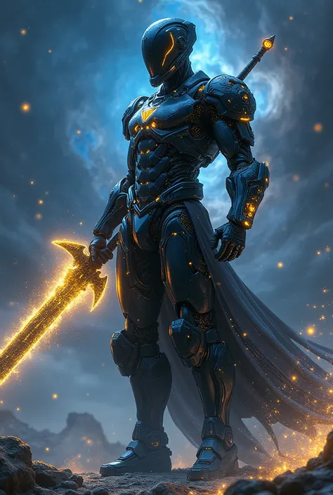 Cosmic spell caster, Cyber tech legend exoskeleton compact armor and wide ruby broadsword schematic, intricate super detail, black, blue and yellow color grading, epic pose. undefined, 