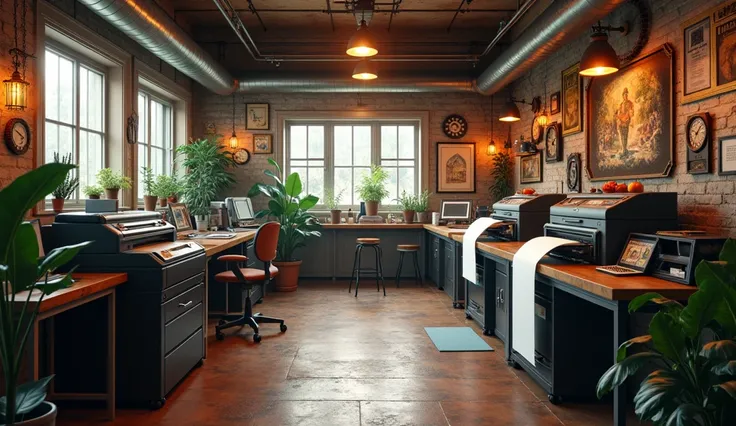 A realistic, professional image of a print shop, warm tones with subtle steampunk elements. The scene includes high-quality printers in action, comfortable seating for customers, and a touch of greenery with plants around the room. The atmosphere should co...