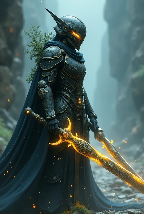 Nature spell caster, Cyber tech legend exoskeleton compact armor and wide ruby broadsword schematic, intricate super detail, black, blue and yellow color grading, epic pose. undefined, 