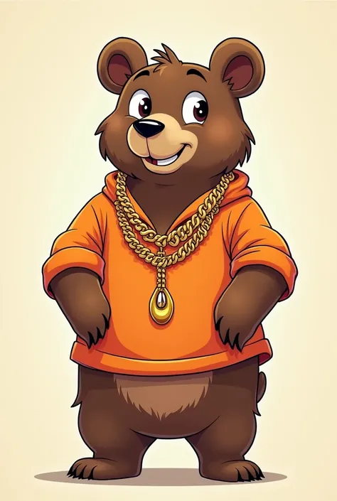 Cartoon style drawing of a bear wearing stylish blouse and gold chains 