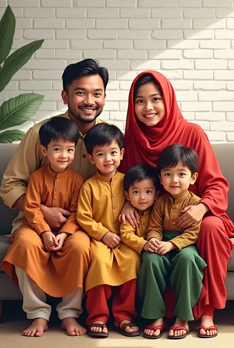 Bangladeshi-Malay family, bangla husband age 40, 20 year old Malay woman, 10 bangladeshi boys age 1 to 10 , smile, facing the camera, red veil, sitting on the couch, white brick wall background, original