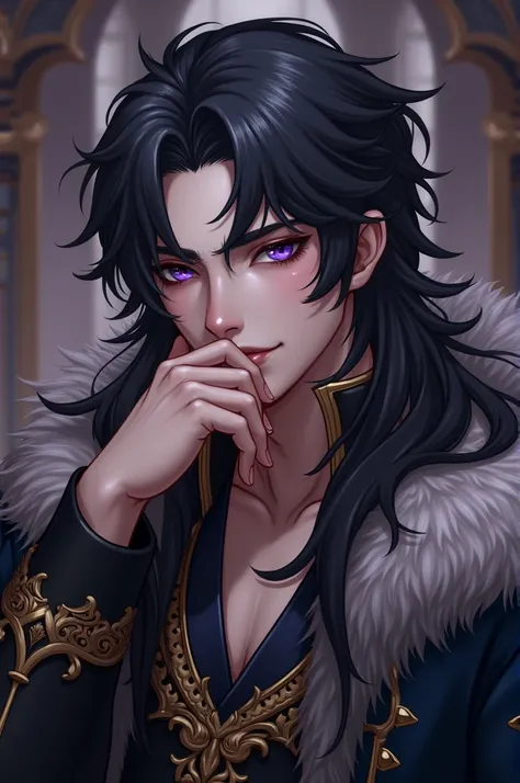 Male, back hair,  purple eyes,  cheek resting on his left hand , wearing a prince outfit,  