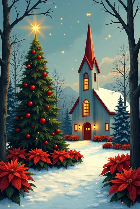 a church with a christmas tree and poinsettis in the foreground, 🕹️ 😎 🔫 🤖 🚬, merry, inspired by Ernest William Christmas, christmas, by Doris Blair, 🪔 🎨;🌞🌄, 🤬 🤮 💕 🎀, by Ernest William Christmas, 5 4 s, happy!!!, 8k)), ❤🔥🍄🌪