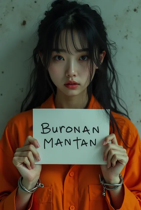 A beautiful girl with a typical Korean face, wearing an orange prison uniform, with her hands cuffed, and carrying a sign that reads"buronan mantan" with messy hair