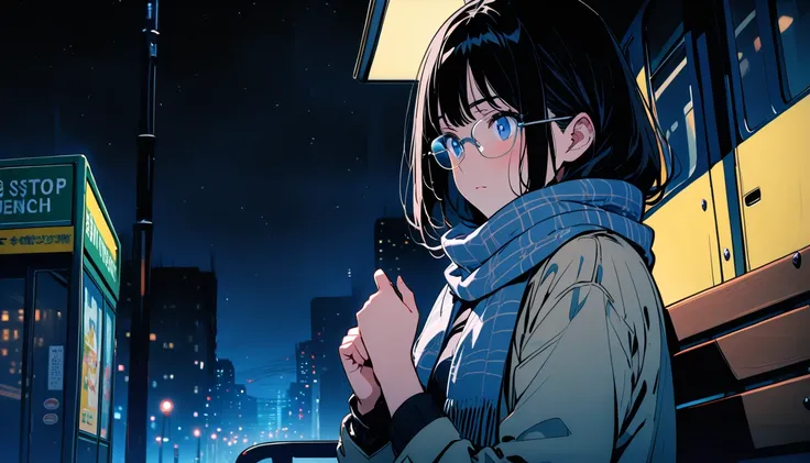 (( black hair)),((Pale Color)),masterpiece, ((( coat and scarf pulling elbows ))),Highest quality, Beautiful attention to detail, Very detailed, In detail, High resolution, Perfect Anatomy, , , Girl, (one person:1.5), alone, (Glasses), (The face is bright)...