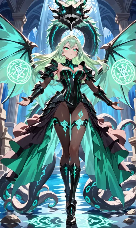 (((masterpiece, best quality, high detailed, 16k))) (1girl) A terrifying woman with flowing green hair resembling writhing tentacles, her skin a deep sea-green and covered in glowing, ancient runes. Her eyes burn with an otherworldly light as she rises fro...