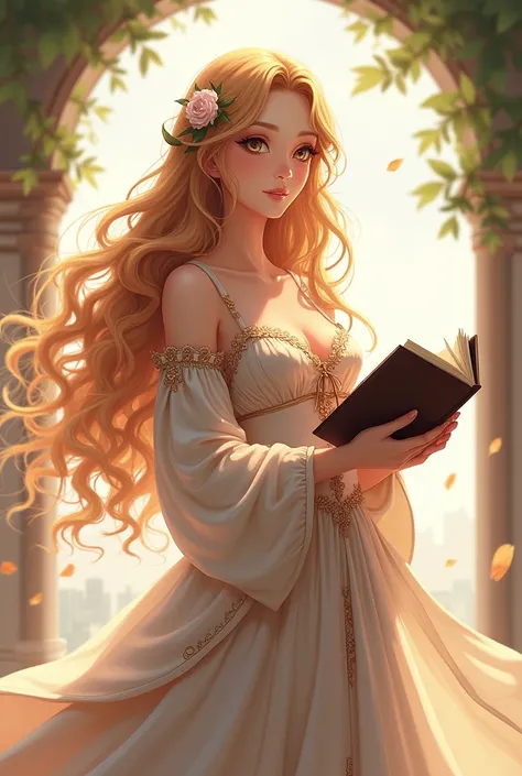 Girl teacher wearing golden long curly hair dress holding book anime 