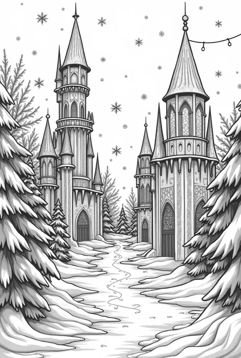 Create for. me simple thick black and white drawing line of size 8.5x 11 inches for my colouring book for s between 3 to s: Ice castles adorned with holiday lights and snowflakes.
