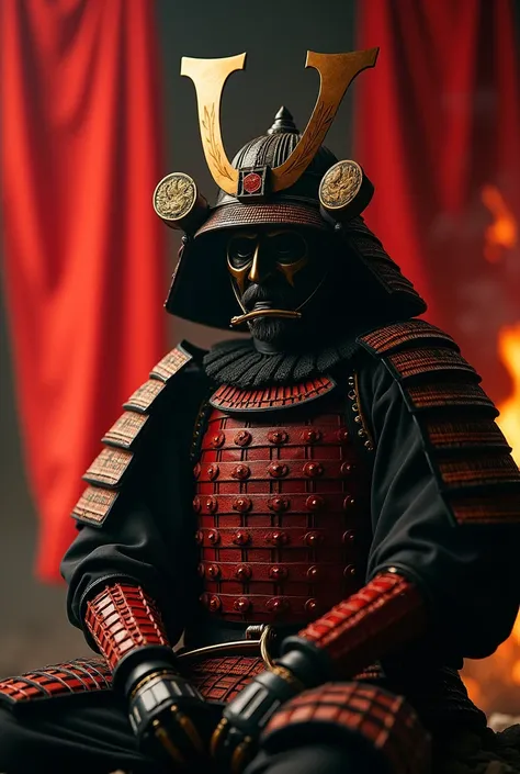 8k, photograph,  ultra-realistic samurai warrior and military flag flags ,  full body , intricate red and black armor ,  ornate cinematic lighting ,   high res,  Brilliant Lighting ,  ((( metallic ominous war ))) [ in the style of Anna Razumovskaya and Clo...