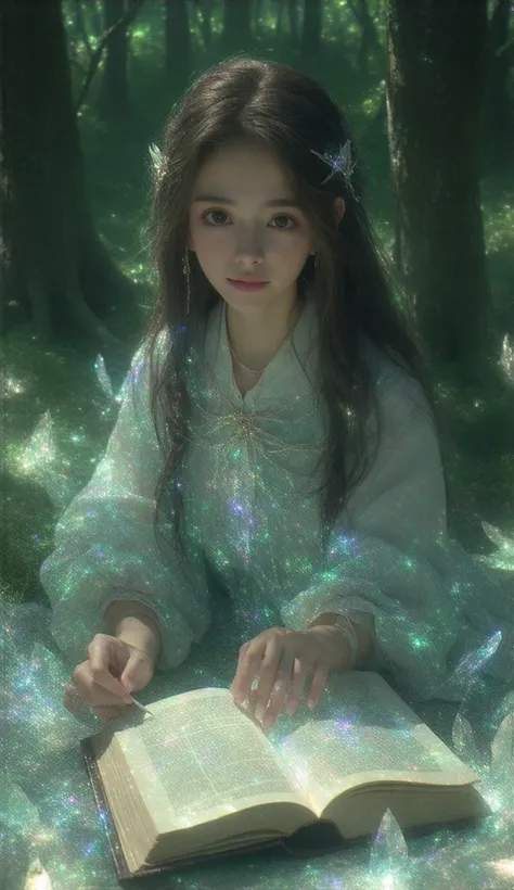 A highly detailed and ((realistic photograph)) of a young Japanese high school girl. The character has long brown hair. The setting is natural with soft sunlight, emphasizing the intricate details of her clothing.　 Moonlight filters through the canopy of a...