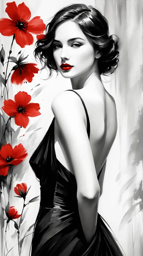 elegant woman，black and white，pen sketch drawing，loose brushwork，Pen outlines delicate lines，Fluid action，Subtle shades of paint，elegant posture，A peaceful expression，Delicate facial features，black andwhite，to clean, small red color. red lips, black dress,...