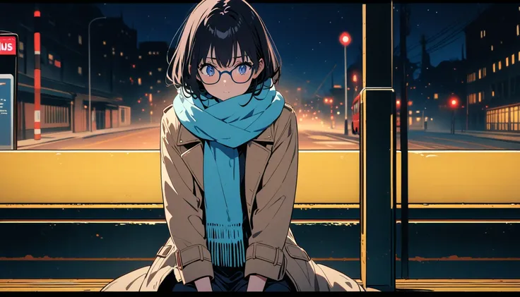 (( black hair)),((Pale Color)),masterpiece, ((( coat and scarf pulling elbows ))),Highest quality, Beautiful attention to detail, Very detailed, In detail, High resolution, Perfect Anatomy, , , Girl, (one person:1.5), alone, (Glasses), (The face is bright)...