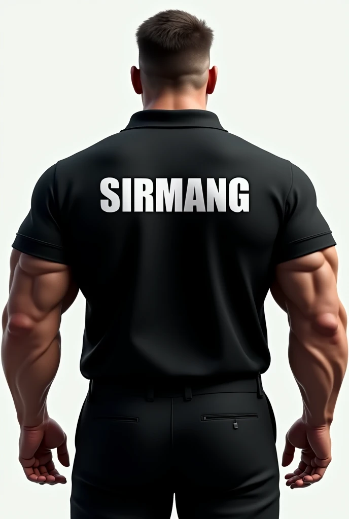  realistically, Do a strong man seen from behind dressed in a black polo shirt that has SIRMANG SECURITY written in white letters