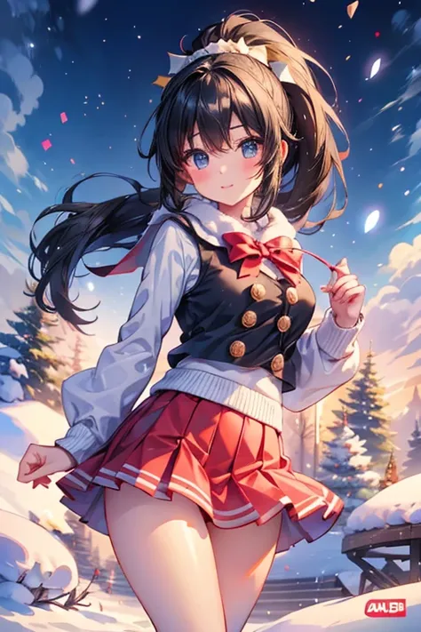   Christmas、Black Santa、  cute high school girl 、  miniskirt、   beautiful thighs、4K、   High Definition  , Accurate, School、 black hair、 ponytail、snow