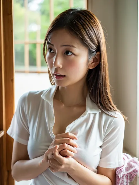 ((carerssing own chests with both hands:1.1)),looking down,Japanese average woman,35 years old,(afraid face,embarrassed,blush,ecstasy,realistic skin),mouth open,wearing White t-shirt,brown medium hair,realistic hair,In a White wall room with window,(from f...