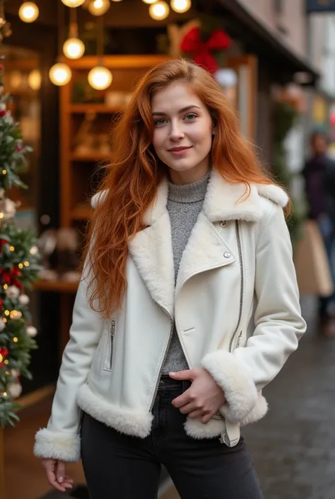 8k, RAW photography of Madelaine Petsch, full body shot, shot taken from far of a beautiful redhaired woman, professional photography of a redhead model, The model is posing at Christmas markets in Belgium, wearing white leather coat with fur and a pullove...