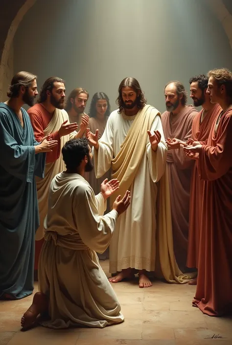 Thomas worships Christ and the disciples stand around him