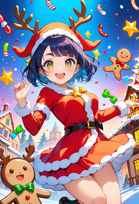 (masterpiece, best quality),popart,A cute Japanese anime-style girl, wearing a white and red gothic santa costume decorated with yellow star-shaped accessories is dancing a ghost dance surrounded by candy-shaped gingerbread men and reindeer. The artwork is...