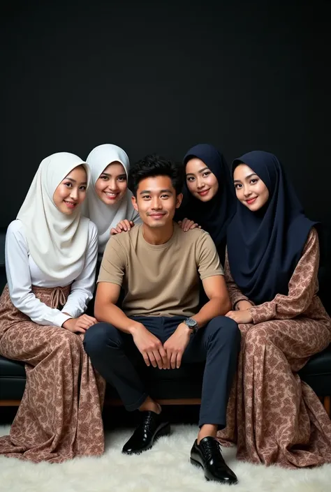 Front look,Cool photography style, A young and handsome chinese man , short black curls ,in a neat comb climis , wearing a maroon batik shirt ,black pants, sitting leaning on black sofa ,in the middle, in the company of two beautiful Malay women wearing a ...