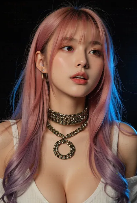 low angle side view portrays a woman with long, honey skin, sleek gold pink, blue and green hair spreads, styled in soft, natural waves that frame her face. She exudes a sultry yet elegant allure, wear loose chain tank top, look up at the sky, windy, wear ...