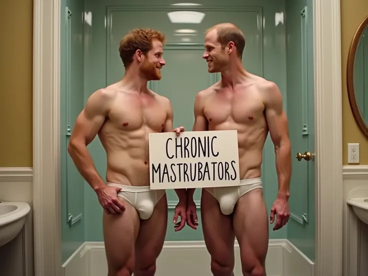 A full body image of Prince Harry and Prince William standing in their underwear in a bathroom in Buckingham Palace.  Prince William is holding a sign that reads chronic masturbators