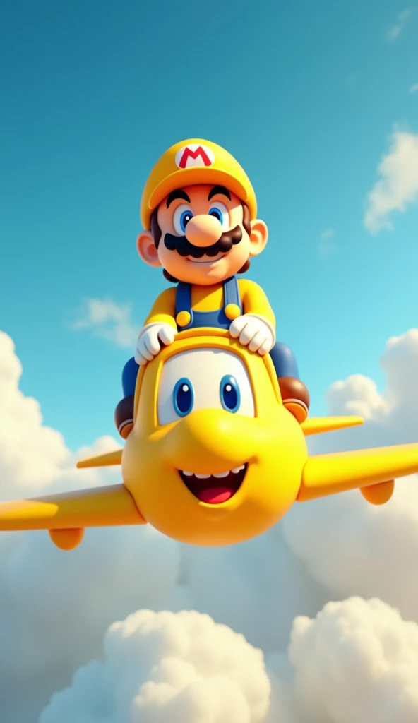 Super Mario dressed in yellow, standing on top of a bright yellow airplane flying through the sky. The airplane has cartoon-style eyes and a smiling mouth on the front, creating a fun and cheerful atmosphere. The background features a clear blue sky with f...