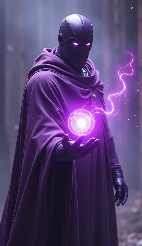 A god of Power, Purple clothes, Marvels Power Stone(Infinity Stone) Holding in Hand, Adult Boy, Purple Power Stone Shining, Space, Full Body Covered Godistic Suit, Godistic Mask, Light Rays, Magical, Realistic, Cinematic 