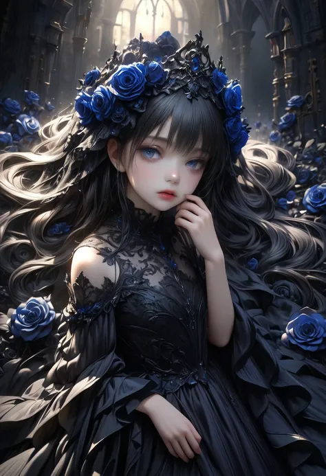 full-body view, dramatic angle, beautiful detailed eyes, beautiful detailed lips, extremely detailed eyes and face, longeyelashes, beautiful and cute young girl, a princess of the underworld, a gloomy expression, a downcast face, looking up, hand on mouth,...