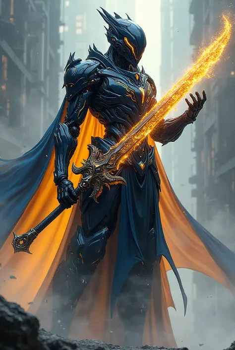 Dragon spell caster, Cyber tech legend exoskeleton compact armor and wide ruby broadsword schematic, intricate super detail, black, blue and yellow color grading, epic pose. undefined,  headgear