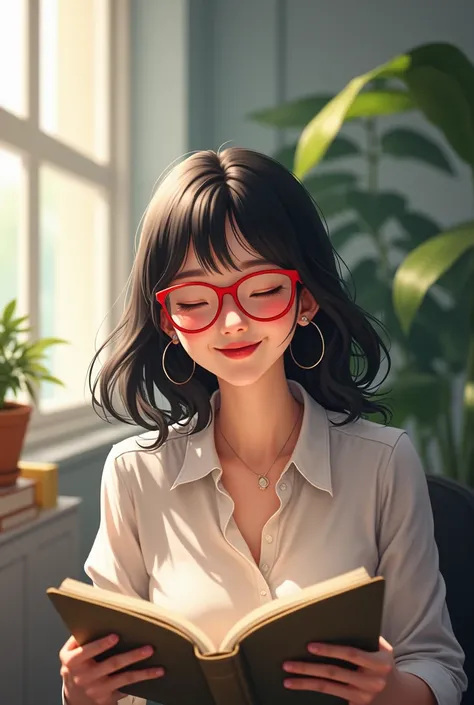 "AOL with red glasses sits in a bright corner of the office, laughing as she reads a book. Her black hair lightly sways over her shoulders, and the red glasses enhance her intellectual aura. With each turn of the page, a joyful expression spreads across he...