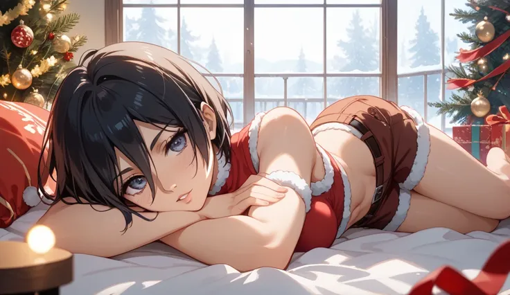 "An anime-style illustration of Mikasa Ackerman from Attack on Titan, lying on her stomach on a soft, plush bed in a cozy, dimly lit room. Her iconic short black hair frames her face as she rests her chin on her crossed arms, gazing directly at the viewer ...