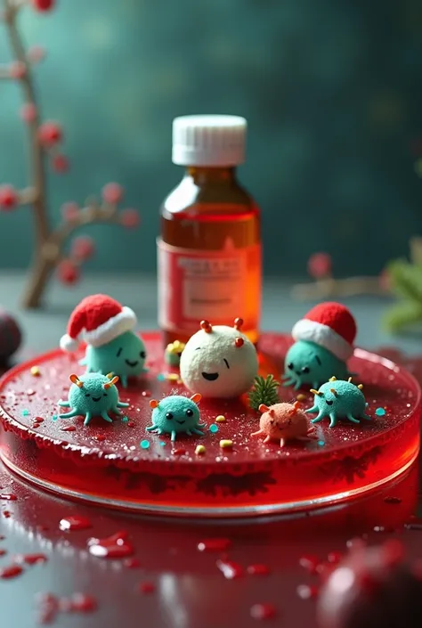 Colony of cute bacteria having a christmas feast in blood agar. Theres an antibiotic bottle in the background, they dont see it. Emotional, suspense, sad