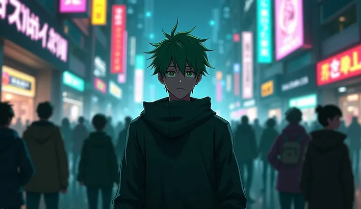 A young man with green hair, standing in the middle with his back to the audience, he has a face and a gesture showing confusion and despair. He is surrounded by a lot of people, he wears a hood, it is a cyberpunk anime environment.