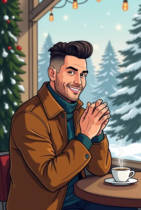 Slick Back Undercut draw a man in his 40s. Draw a cartoon-like man in a clean style sitting in a cafe on a snowy Christmas day outside the window, wrapping his hands around a warm, steaming Americano, and smiling