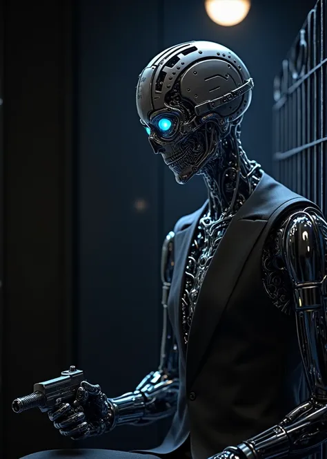 humanoid robot, (real human black suit), fierce and cold face, ((gun)), 1man, (((half-human-face-and-half-robot-face man))), (being trapped in a neon simple outlined cage in the foreground), sitting on a throne, dark background, intricate circuits, medium ...