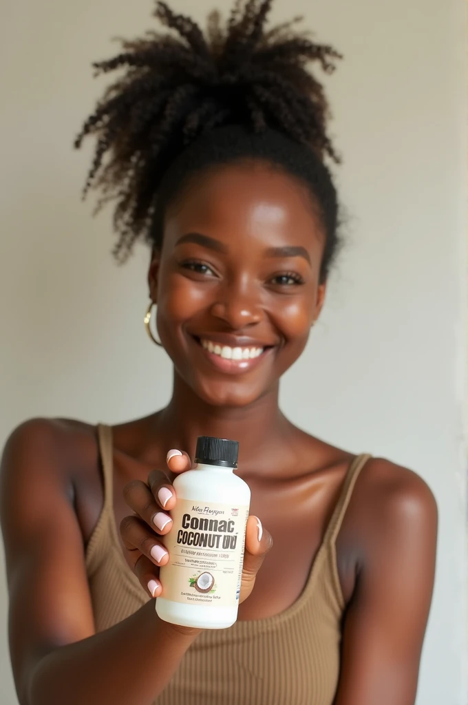 Create a black lady smiling and holding a bottle of coconut oil