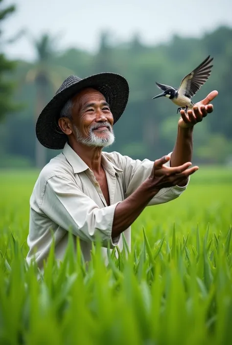 Indonesian male farmer wearing white shirt and black hat in the middle of rice field catching a bird