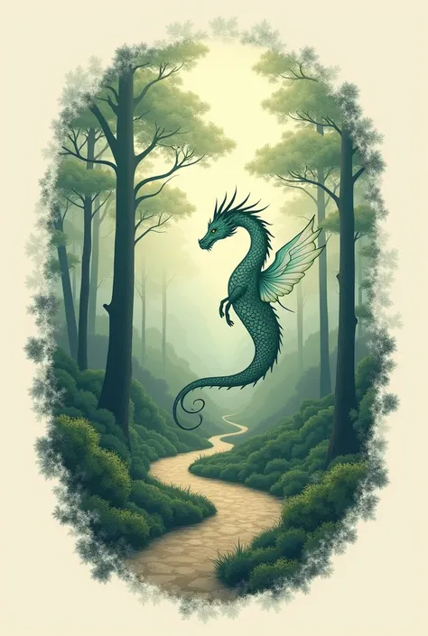  Create me an elegant logo for a wellness practice.  The logo must represent a forest with a dragon . The logo must be subtle 