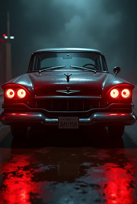 a 1958 plymouth fury, christine the evil car, emerging from the darkness, detailed engine, dark red paint, glowing red headlights, eerie atmosphere, dramatic lighting, horror movie style, photorealistic, hyper detailed, cinematic, dramatic angles, masterpi...