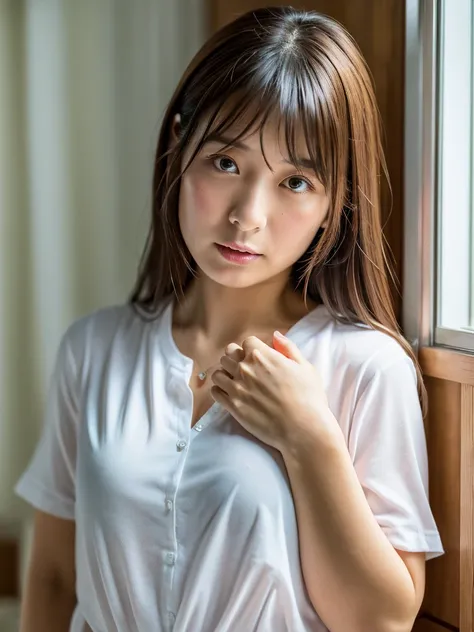 ((carerssing own chests with both hands:1.1)),looking down,Japanese average woman,35 years old,(afraid face,embarrassed,blush,ecstasy,realistic skin),mouth open,wearing White t-shirt,brown medium hair,realistic hair,In a White wall room with window,(from f...