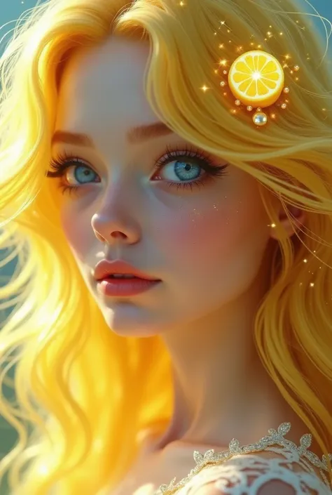 Yes and then put the yellow and gold hair and then the lemon-shaped hair clip with those gentle blue eyes with a sparkling star as her pupil.